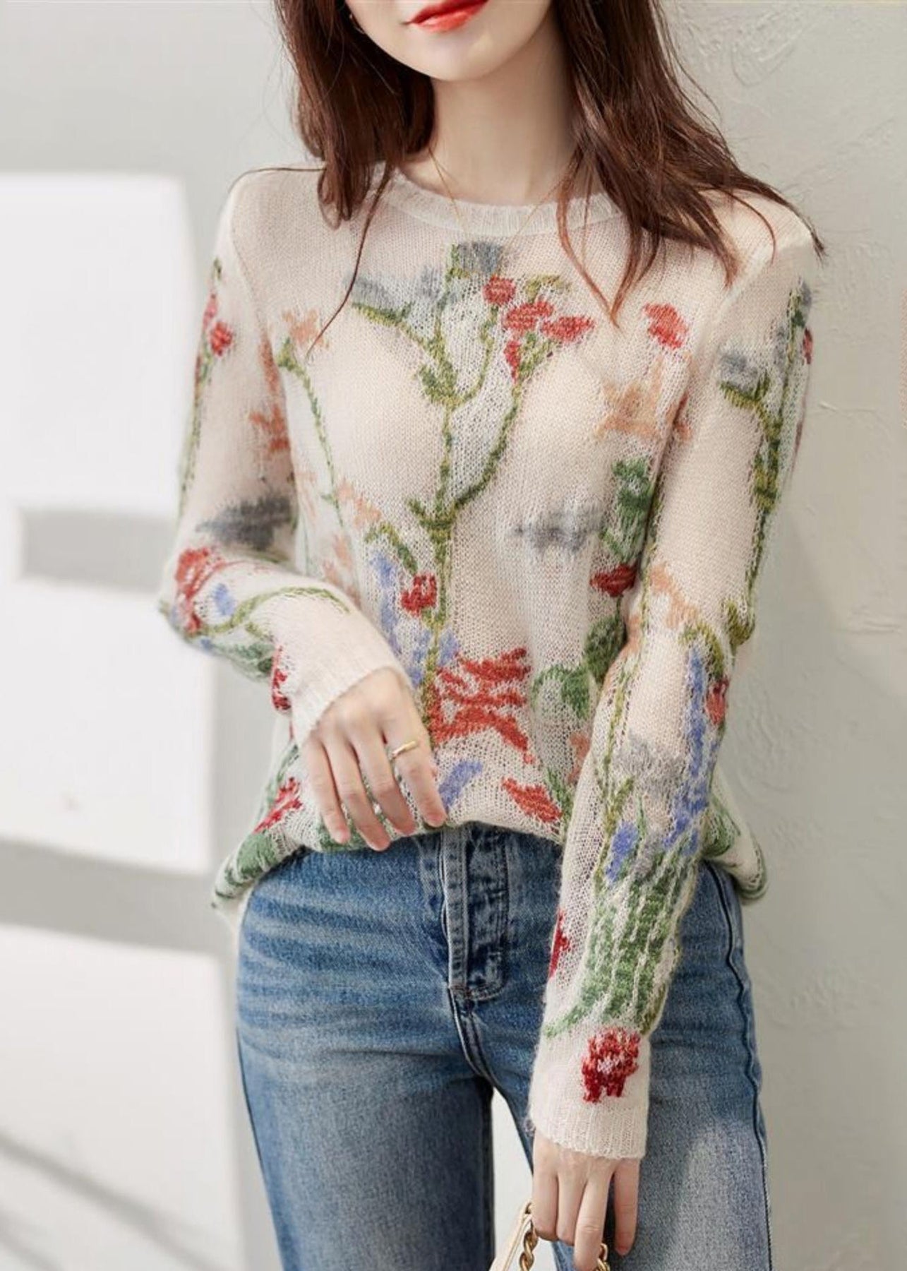 French O-Neck Floral Hollow Out Knit Sweaters - Omychic