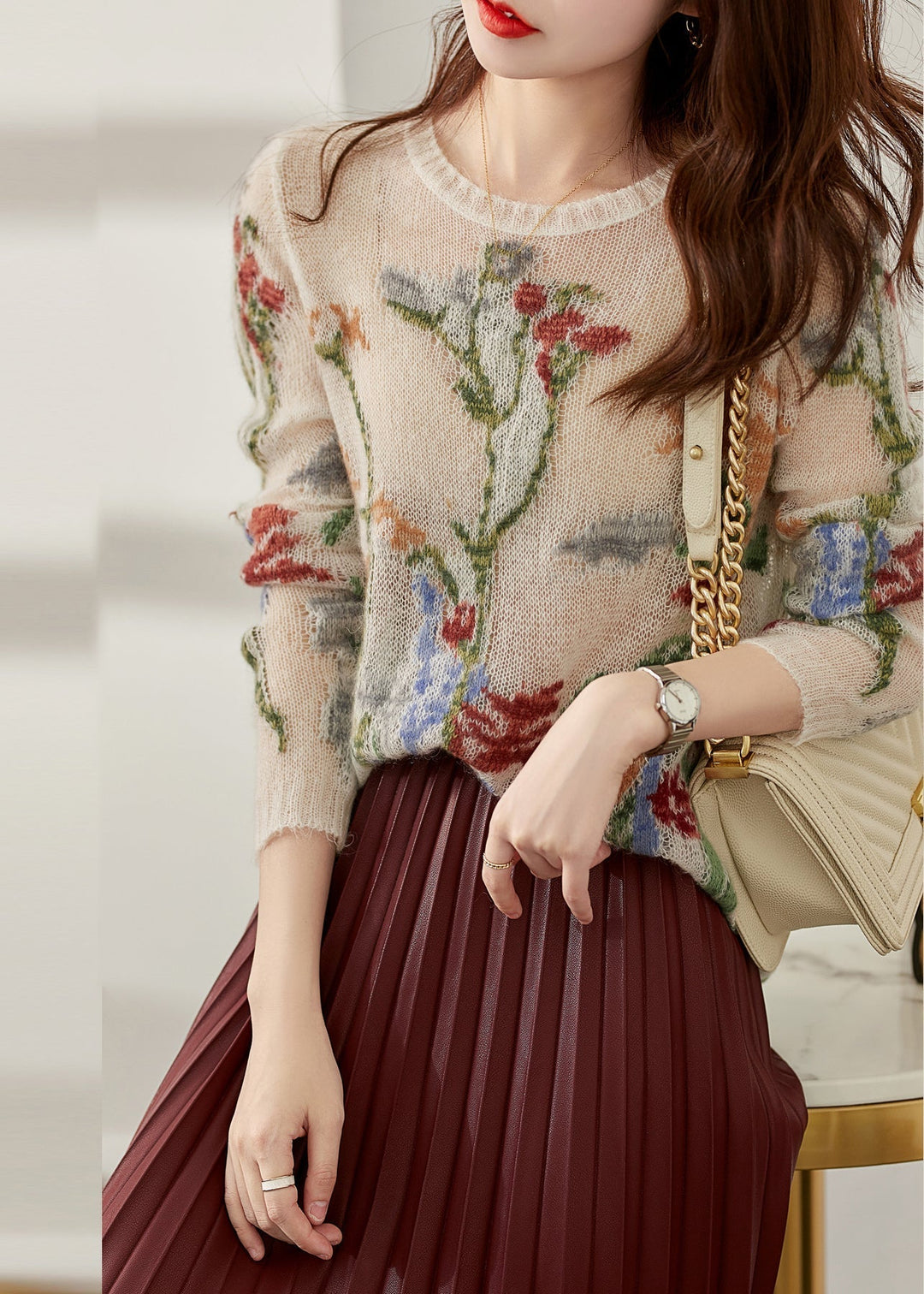 French O-Neck Floral Hollow Out Knit Sweaters