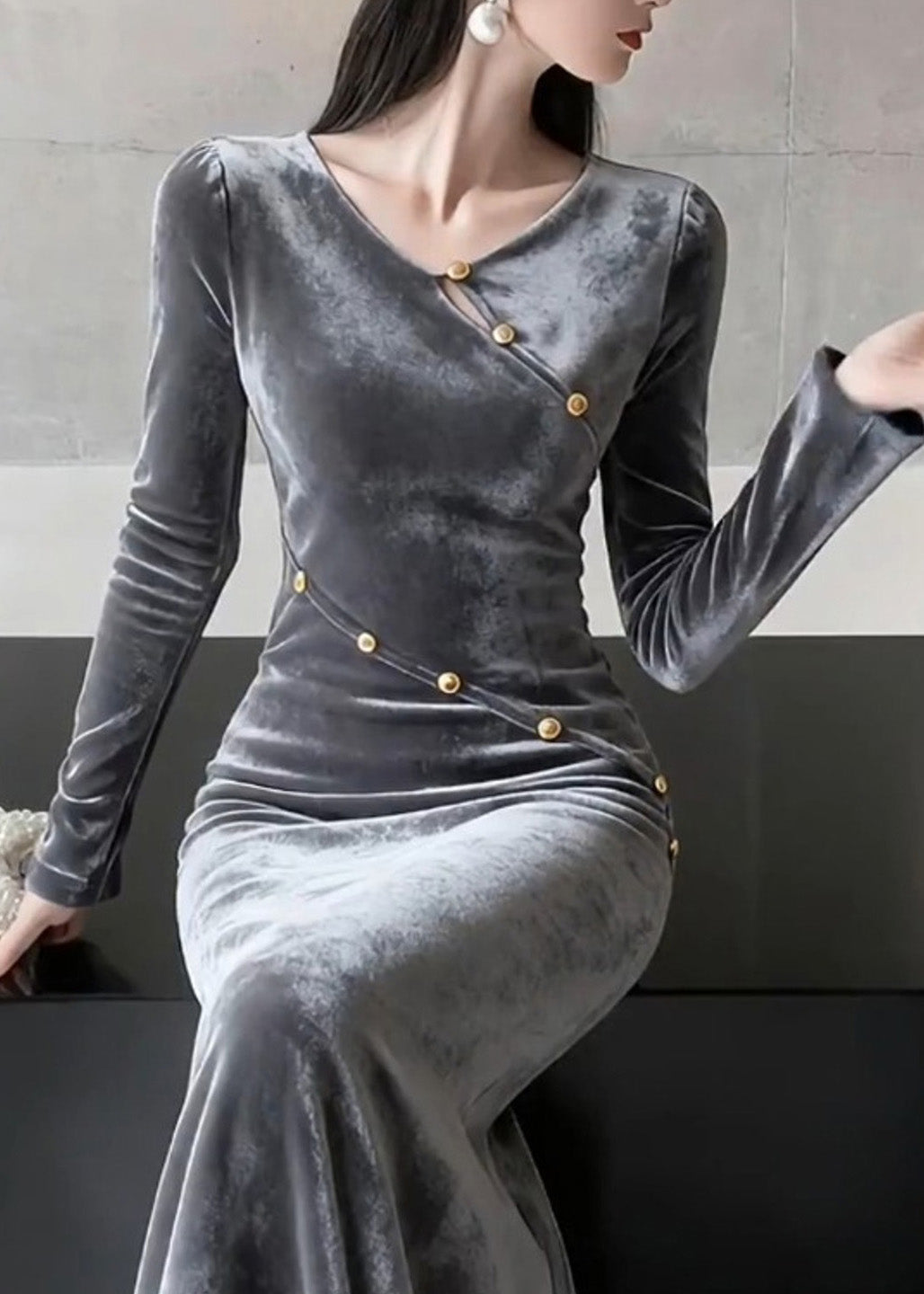 French O Neck Patchwork Slim Fit Velvet Dress Fall