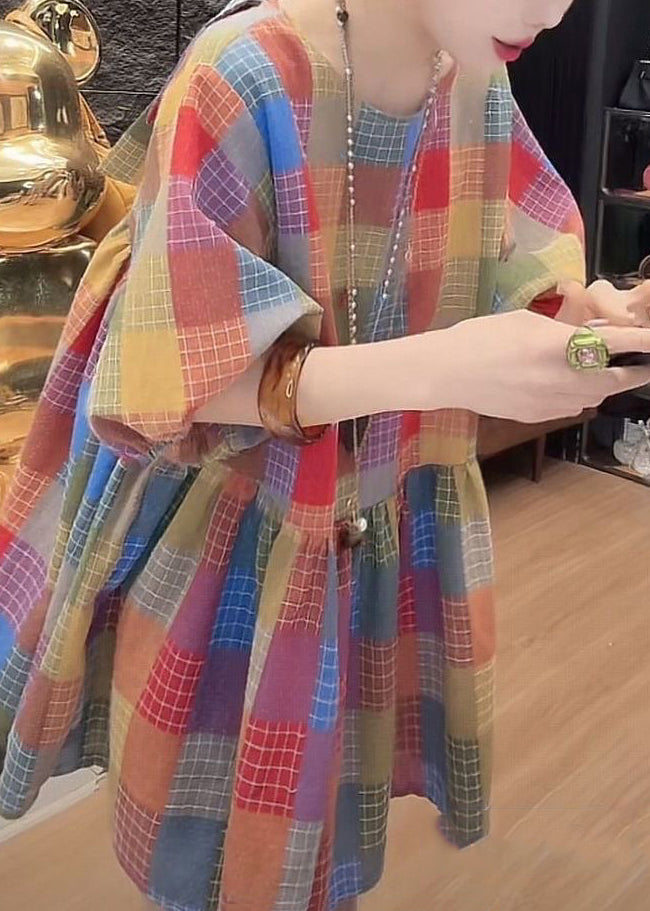 French O Neck Plaid Button Cotton Blouse Fall