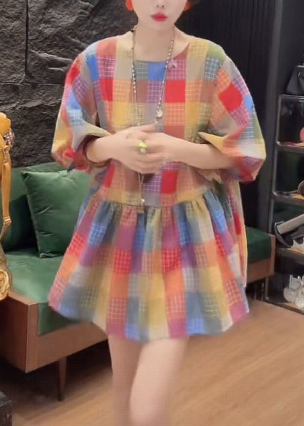 French O Neck Plaid Button Cotton Blouse Fall