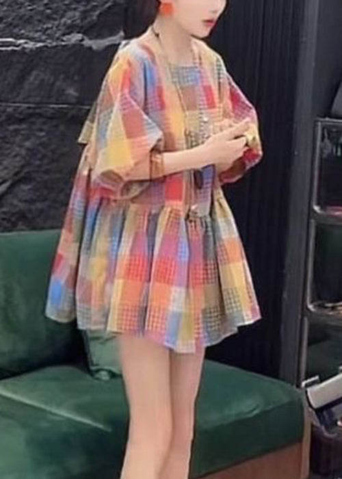 French O Neck Plaid Button Cotton Blouse Fall