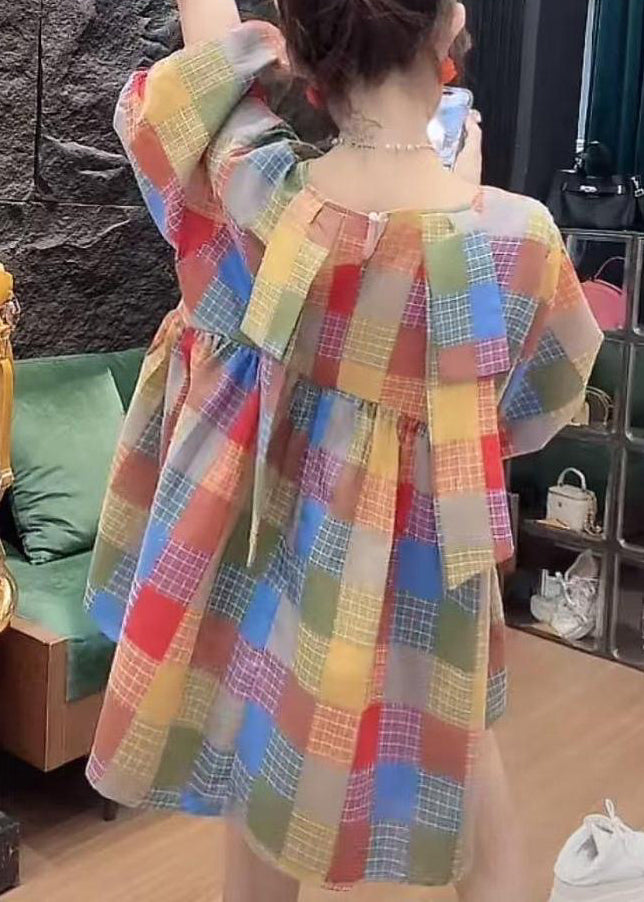 French O Neck Plaid Button Cotton Blouse Fall