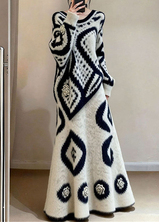 French O Neck Print Sweaters Top And Skirts Knit Two-Piece Set Fall