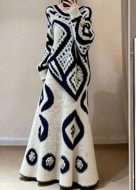 French O Neck Print Sweaters Top And Skirts Knit Two-Piece Set Fall