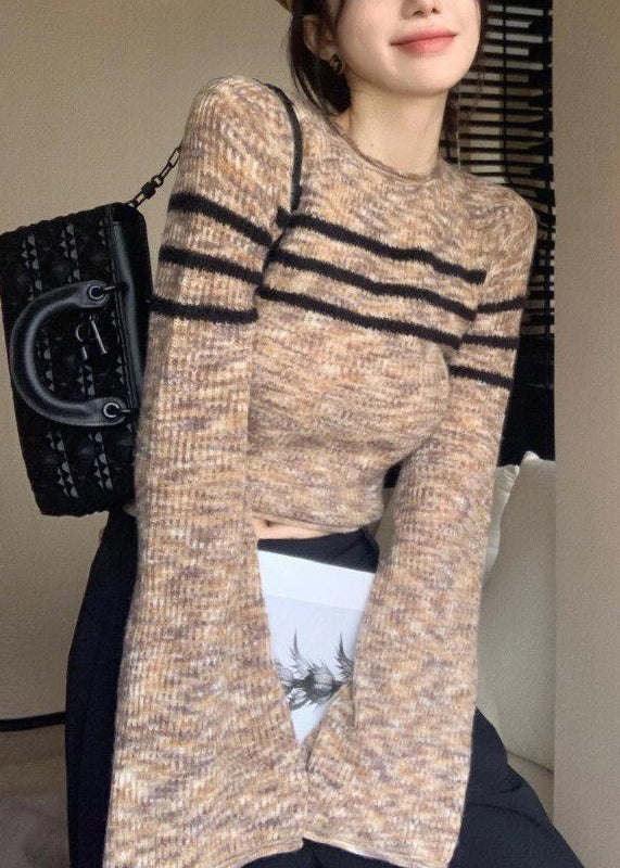 French O Neck Striped Knit Short Sweater Flare Sleeve