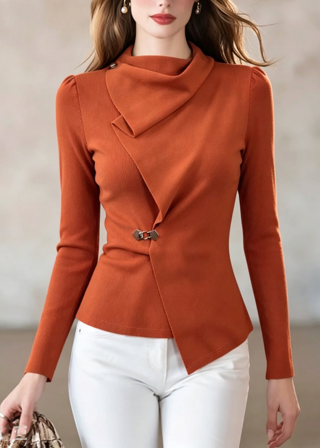 French Orange Asymmetrical Patchwork Cotton Top Fall