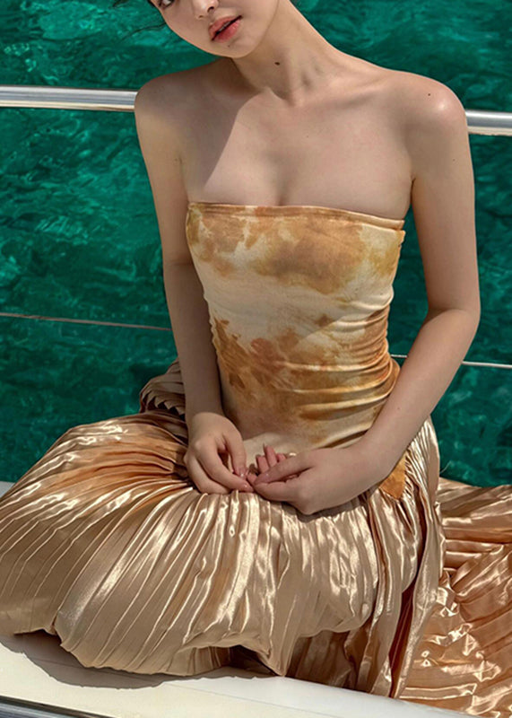 French Orange Cold Shoulder Wrinkled Party Long Dress Sleeveless