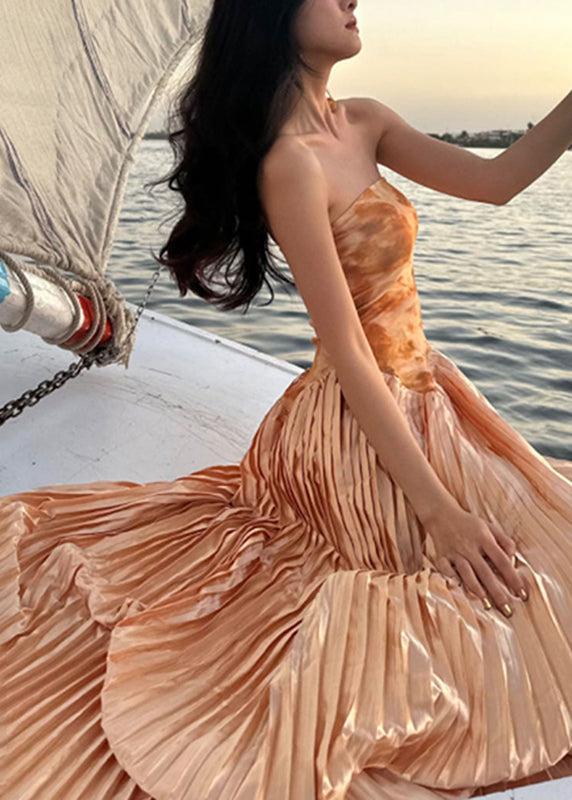 French Orange Cold Shoulder Wrinkled Party Long Dress Sleeveless