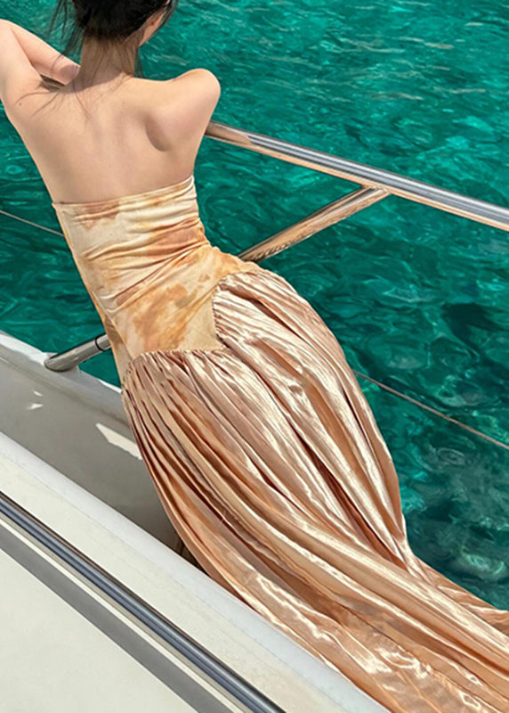 French Orange Cold Shoulder Wrinkled Party Long Dress Sleeveless