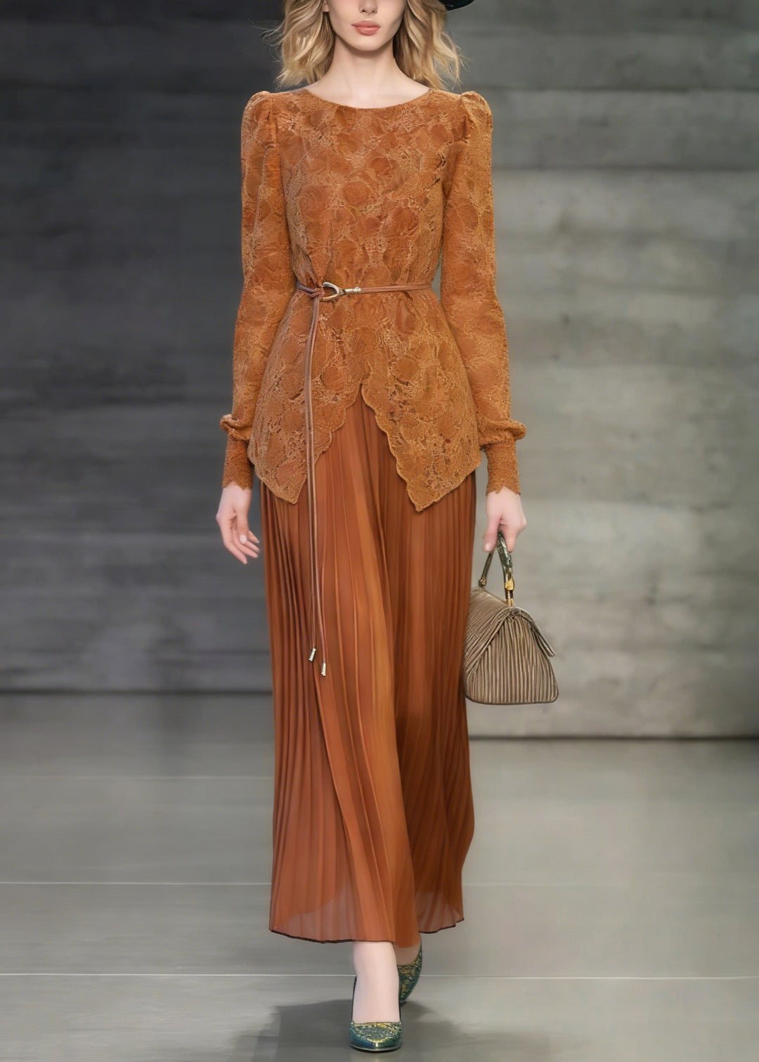 French Orange O Neck False Two Pieces Patchwork Lace Dresses Spring