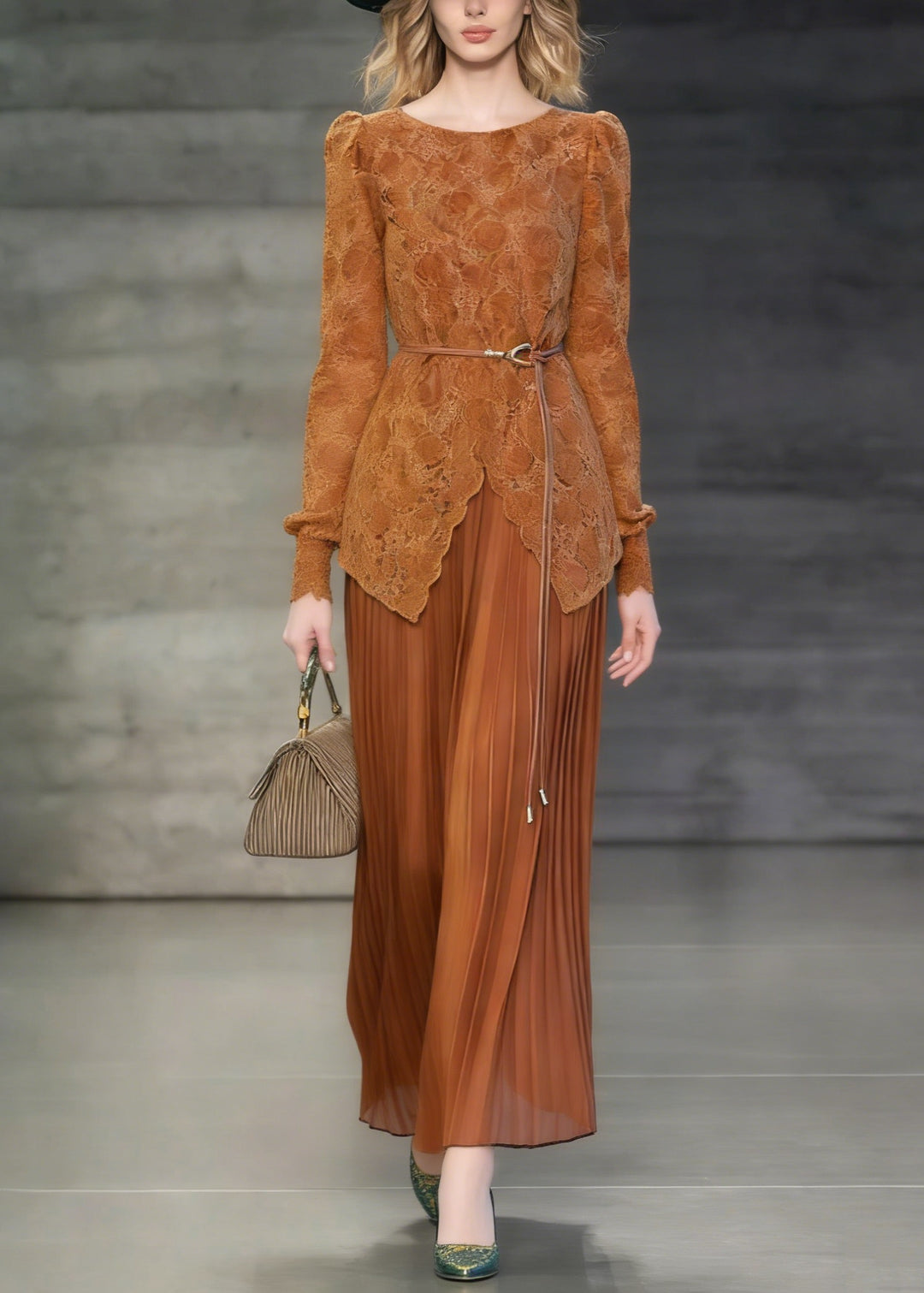 French Orange O Neck False Two Pieces Patchwork Lace Dresses Spring