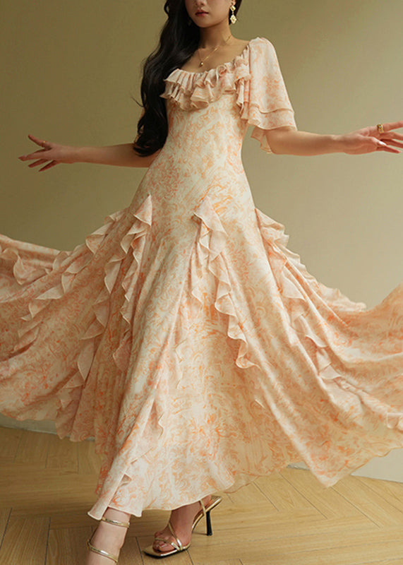 French Orange O-Neck Ruffled Maxi Dresses Summer