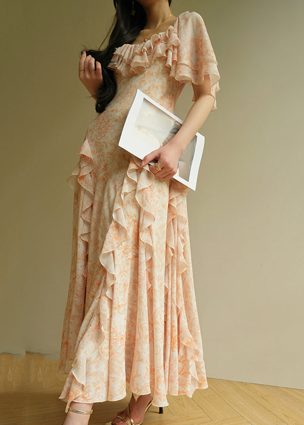 French Orange O-Neck Ruffled Maxi Dresses Summer