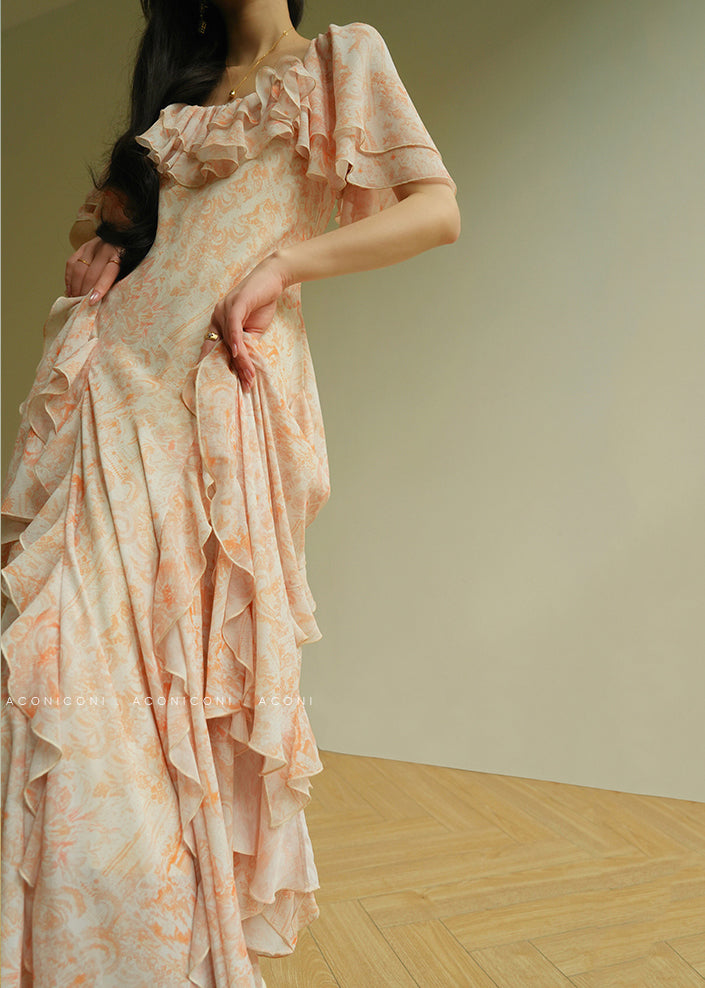 French Orange O-Neck Ruffled Maxi Dresses Summer