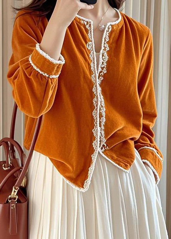 French Orange O-Neck Silk Velour Shirts Lace Patchwork Fall