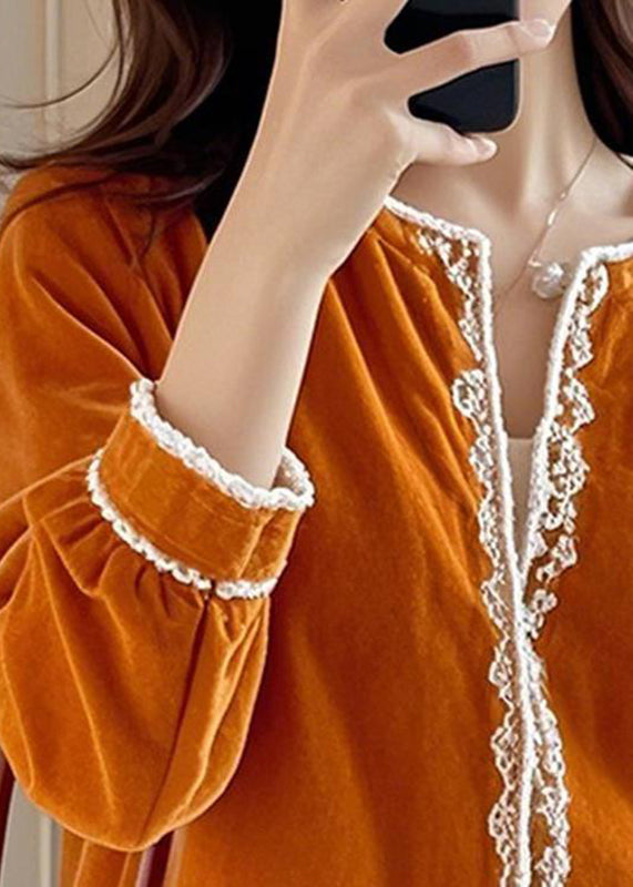 French Orange O-Neck Silk Velour Shirts Lace Patchwork Fall
