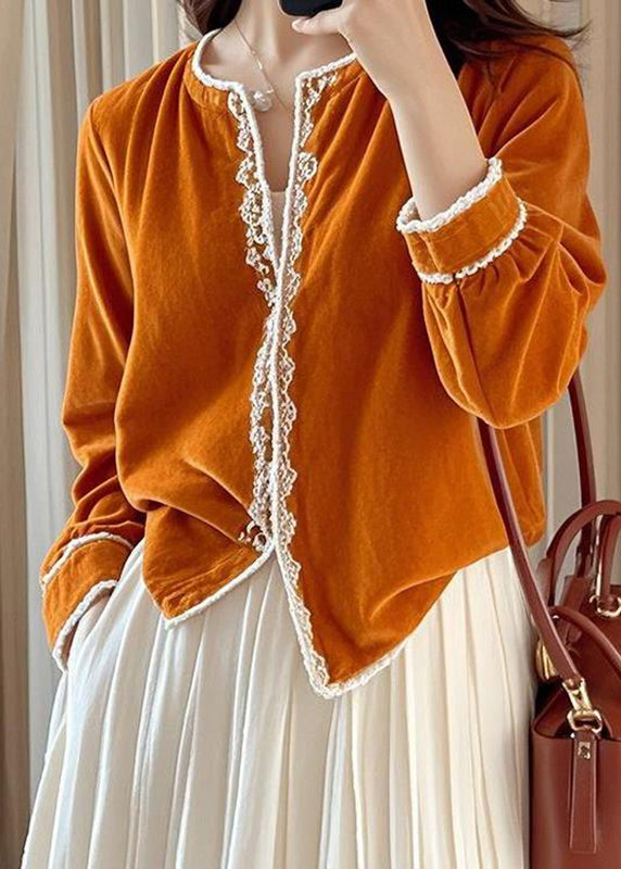 French Orange O-Neck Silk Velour Shirts Lace Patchwork Fall
