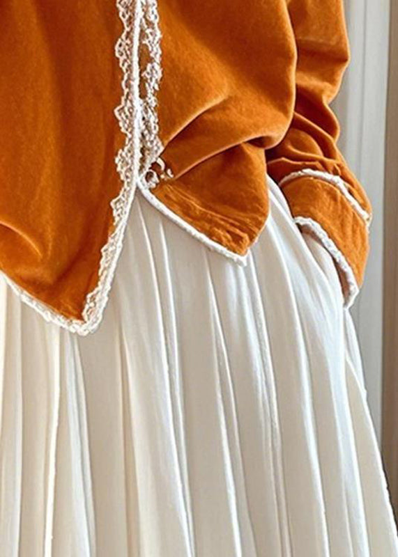 French Orange O-Neck Silk Velour Shirts Lace Patchwork Fall