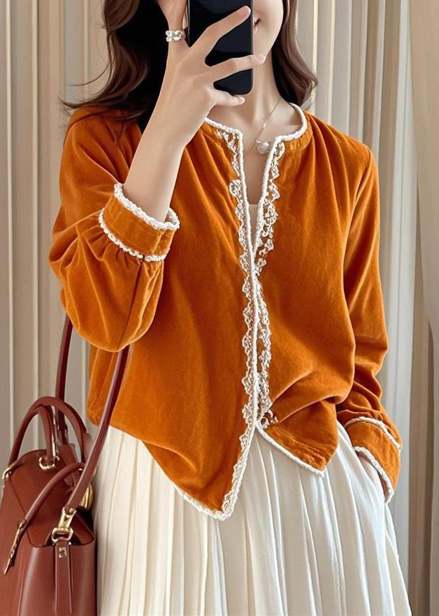French Orange O-Neck Silk Velour Shirts Lace Patchwork Fall