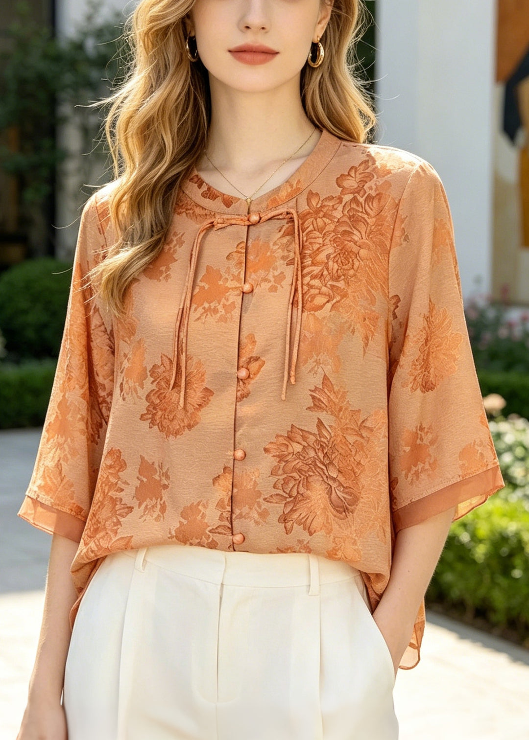 French Orange Print Patchwork Chinese Button Silk Top Summer