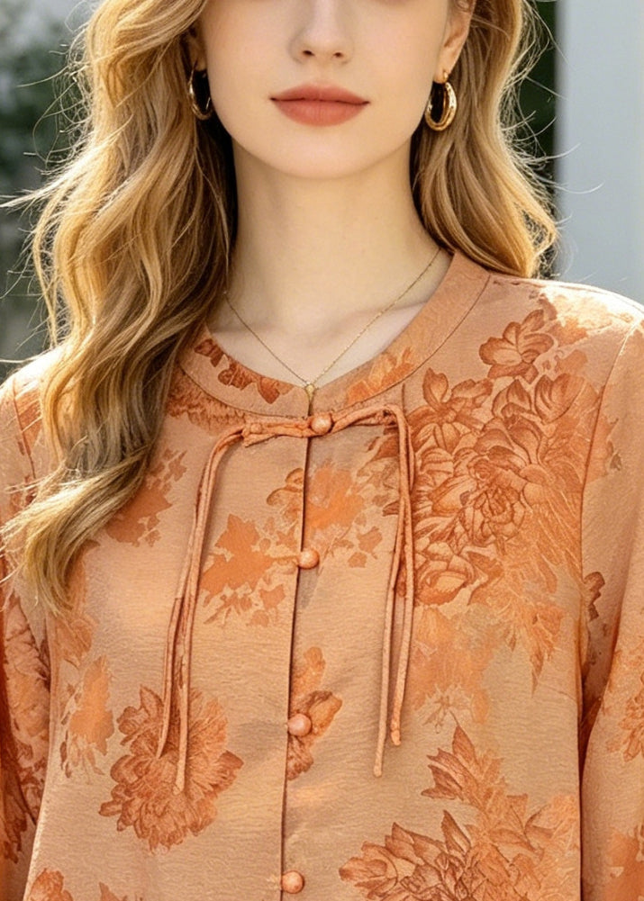 French Orange Print Patchwork Chinese Button Silk Top Summer