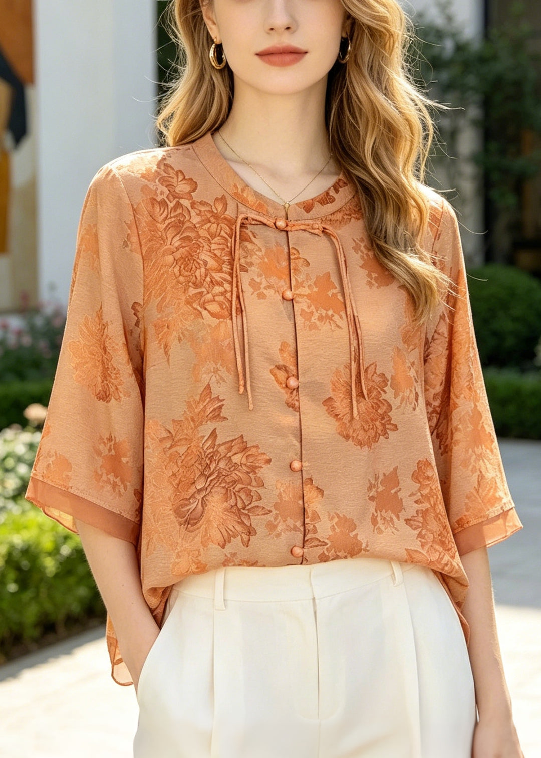 French Orange Print Patchwork Chinese Button Silk Top Summer