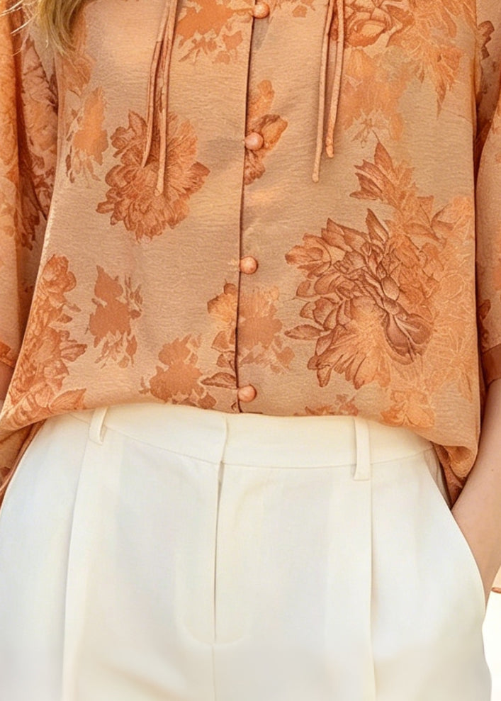 French Orange Print Patchwork Chinese Button Silk Top Summer