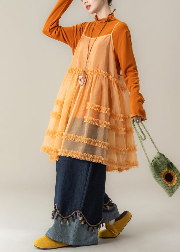 French Orange Ruffled Spaghetti Strap Dress Cotton T Shirt And Denim Pants 3 Pieces Set Fall