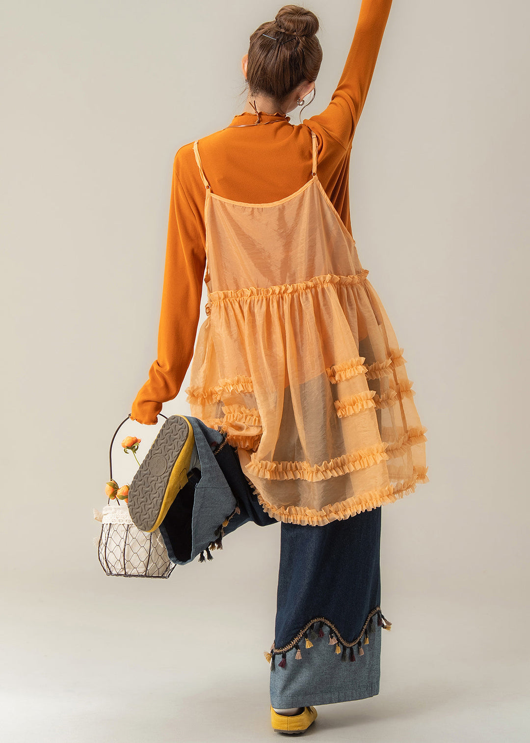 French Orange Ruffled Spaghetti Strap Dress Cotton T Shirt And Denim Pants 3 Pieces Set Fall