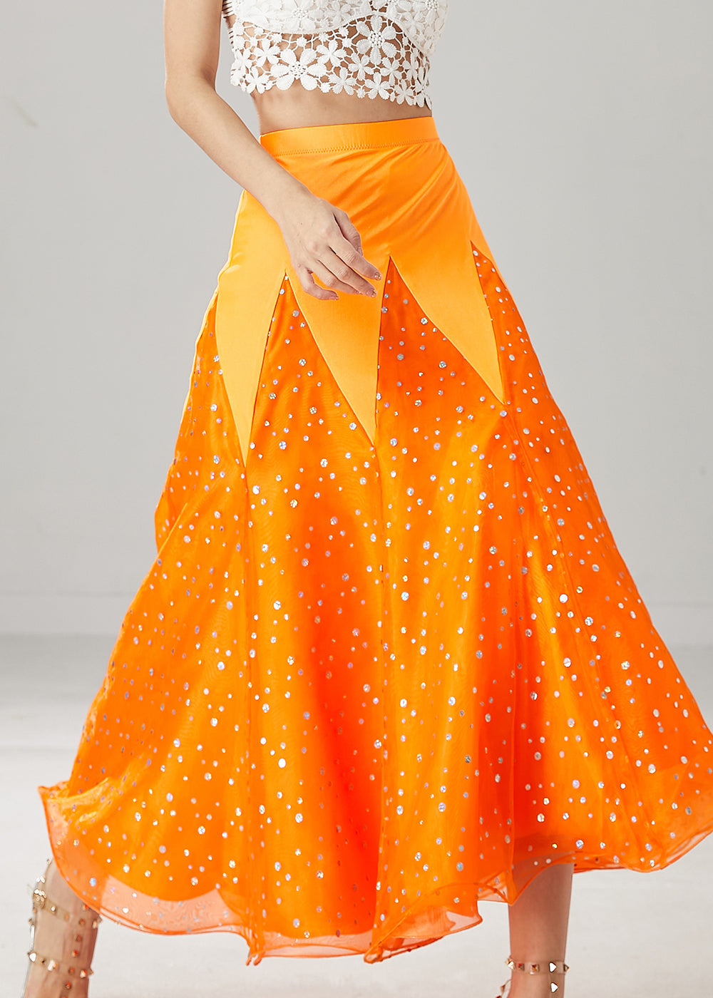 French Orange Silm Fit Patchwork Zircon Tulle Skirts Spring