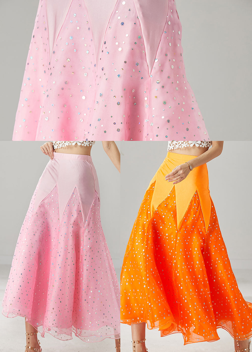 French Orange Silm Fit Patchwork Zircon Tulle Skirts Spring