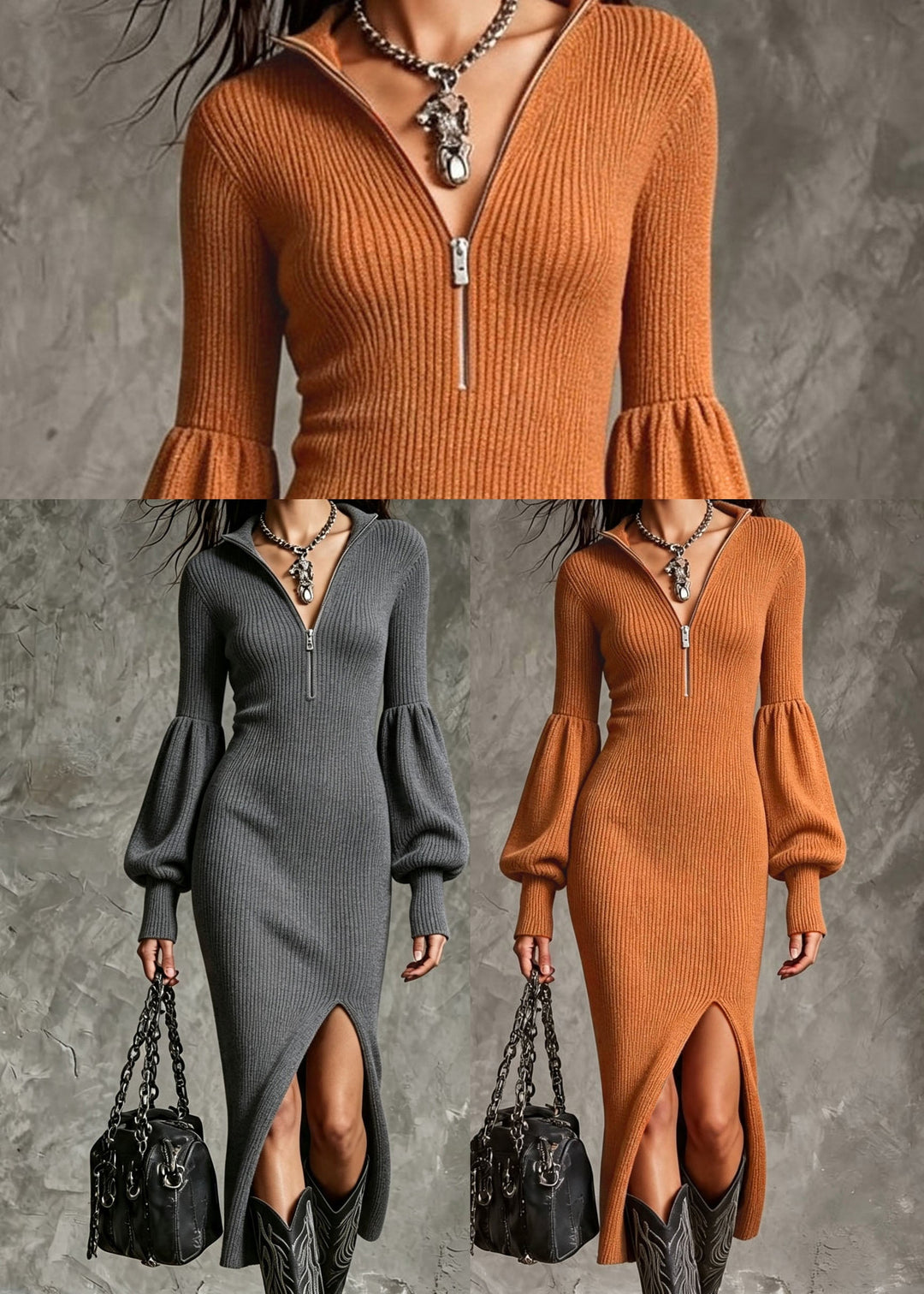 French Orange Zip Up Side Open Knit Ankle Dress Lantern Sleeve