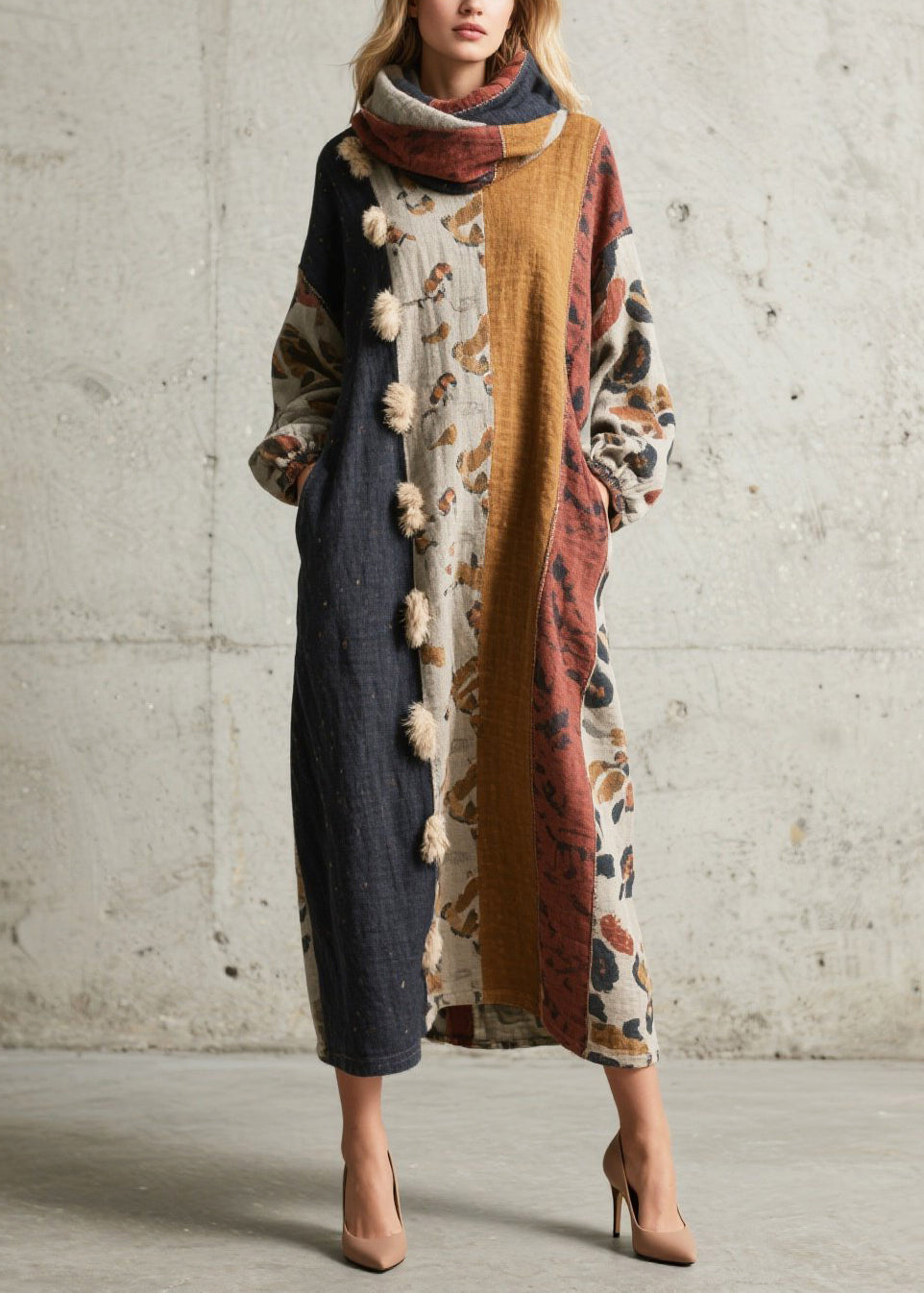 French Oversized Patchwork Fuzzy Ball Decorated Long Dresses Fall