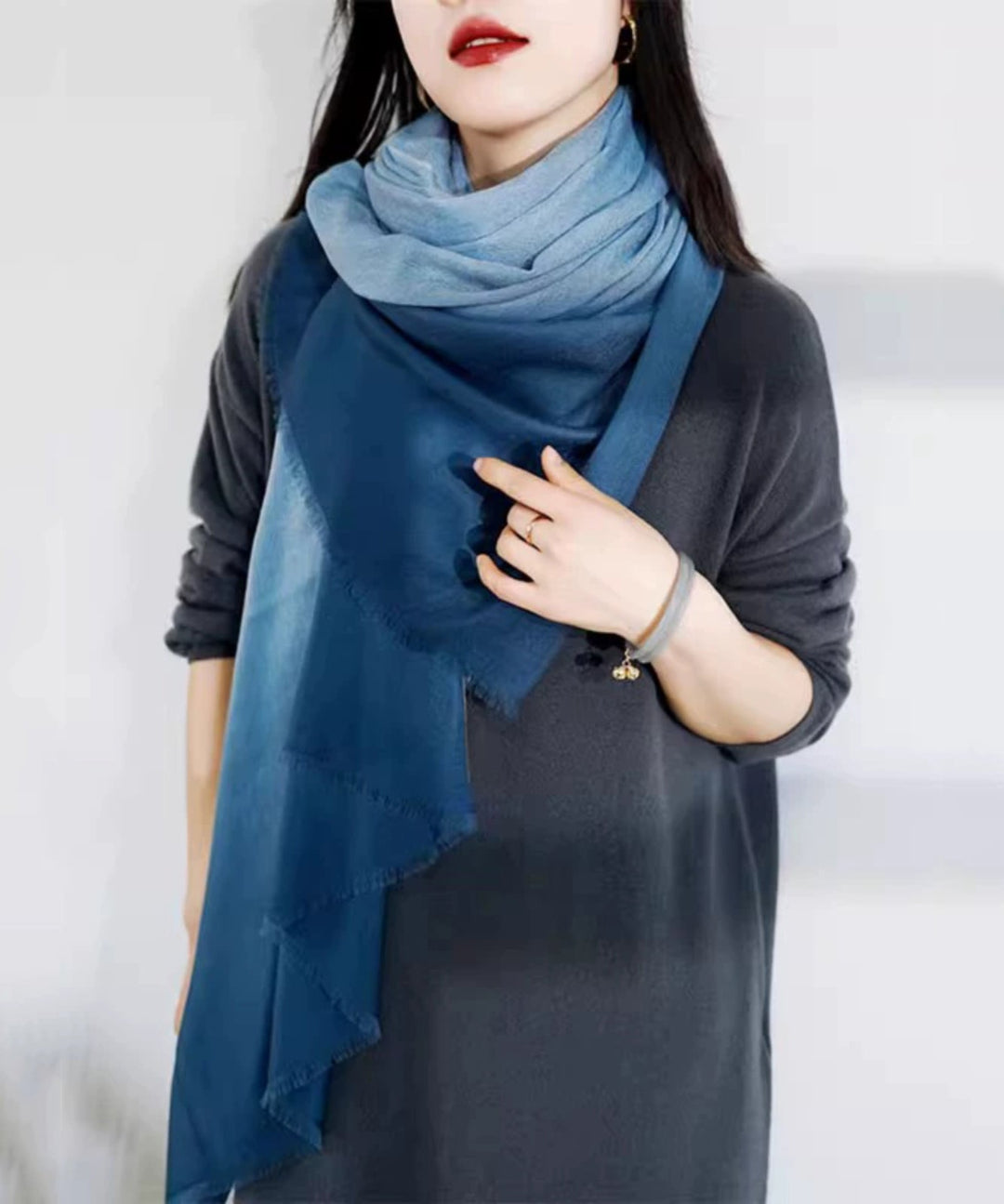 French Peacock Blue Gradient Cashmere Scarf