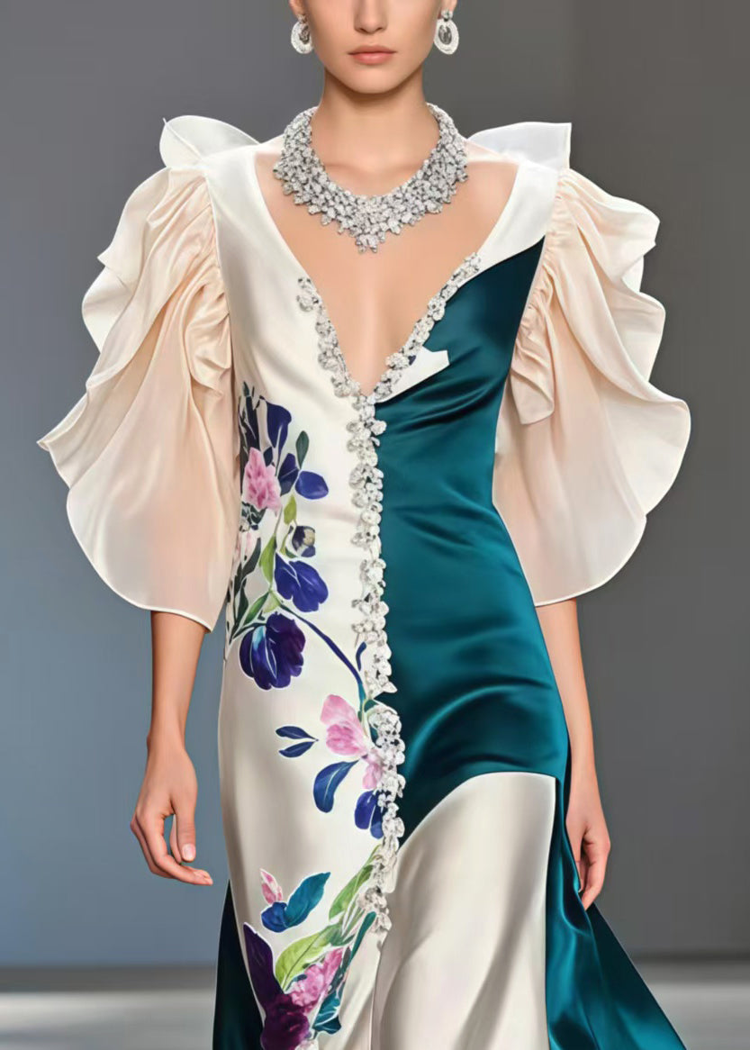 French Peacock Blue Patchwork Asymmetrical Design Silk Vestidos Dress Butterfly Sleeve