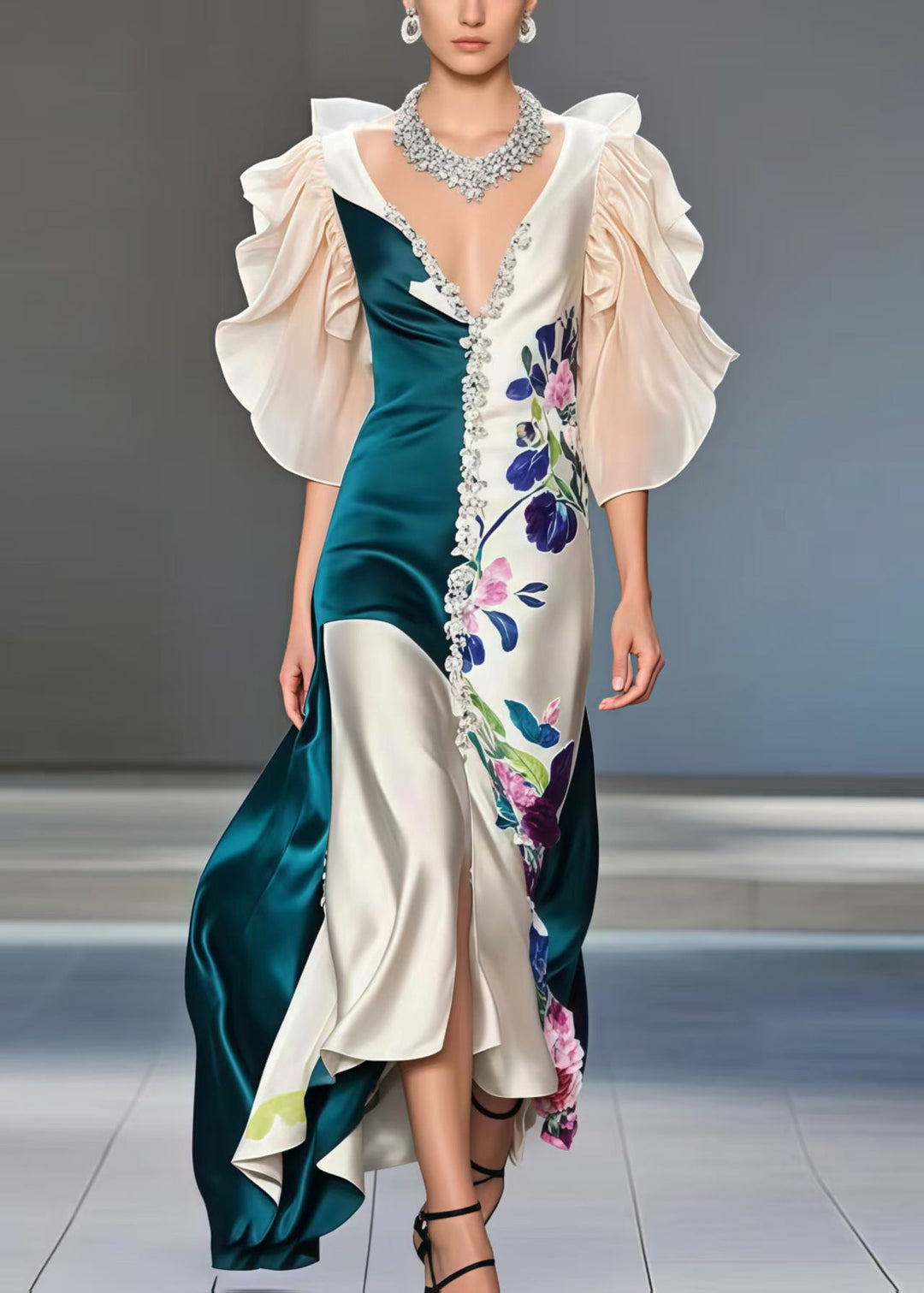 French Peacock Blue Patchwork Asymmetrical Design Silk Vestidos Dress Butterfly Sleeve