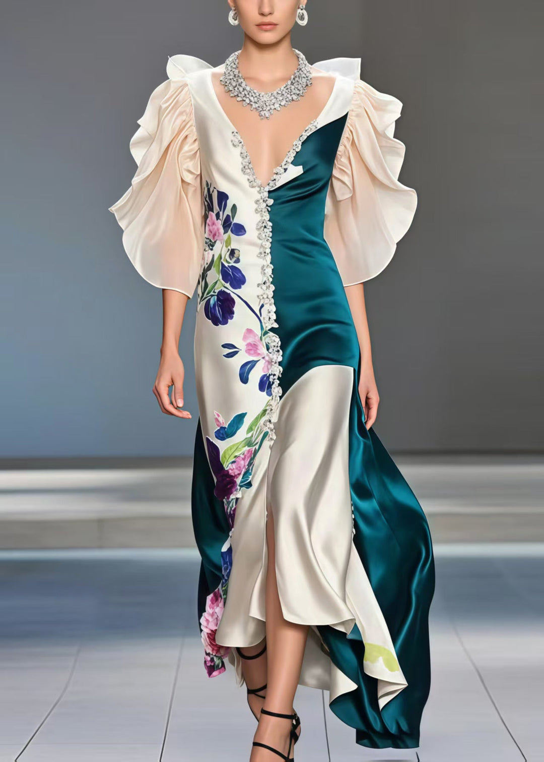 French Peacock Blue Patchwork Asymmetrical Design Silk Vestidos Dress Butterfly Sleeve