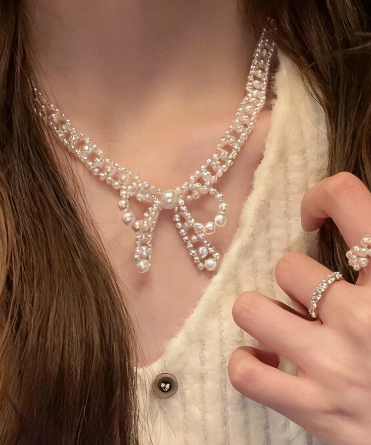French Pearl Bow Sweater Necklace And Bracelet Set - Omychic