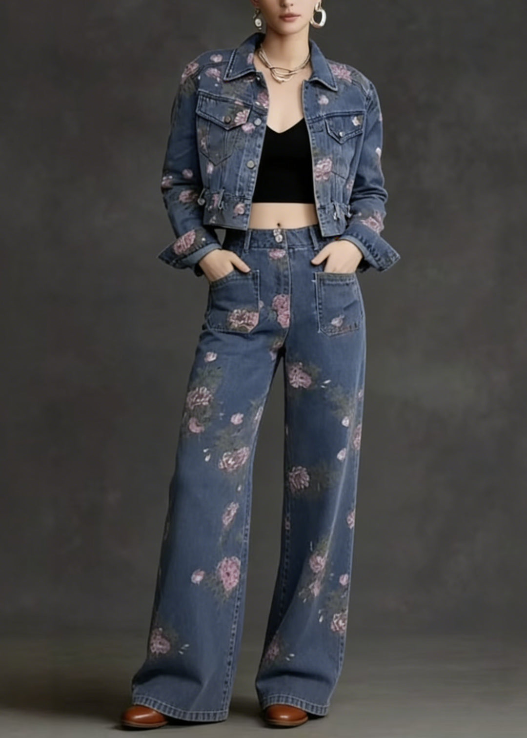 French Peter Pan Collar Print Pockets Denim Two Piece Suit Set Spring