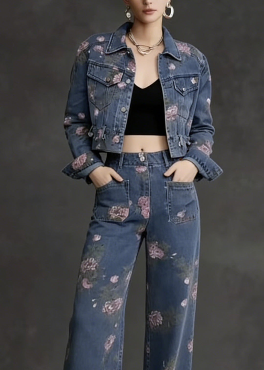 French Peter Pan Collar Print Pockets Denim Two Piece Suit Set Spring