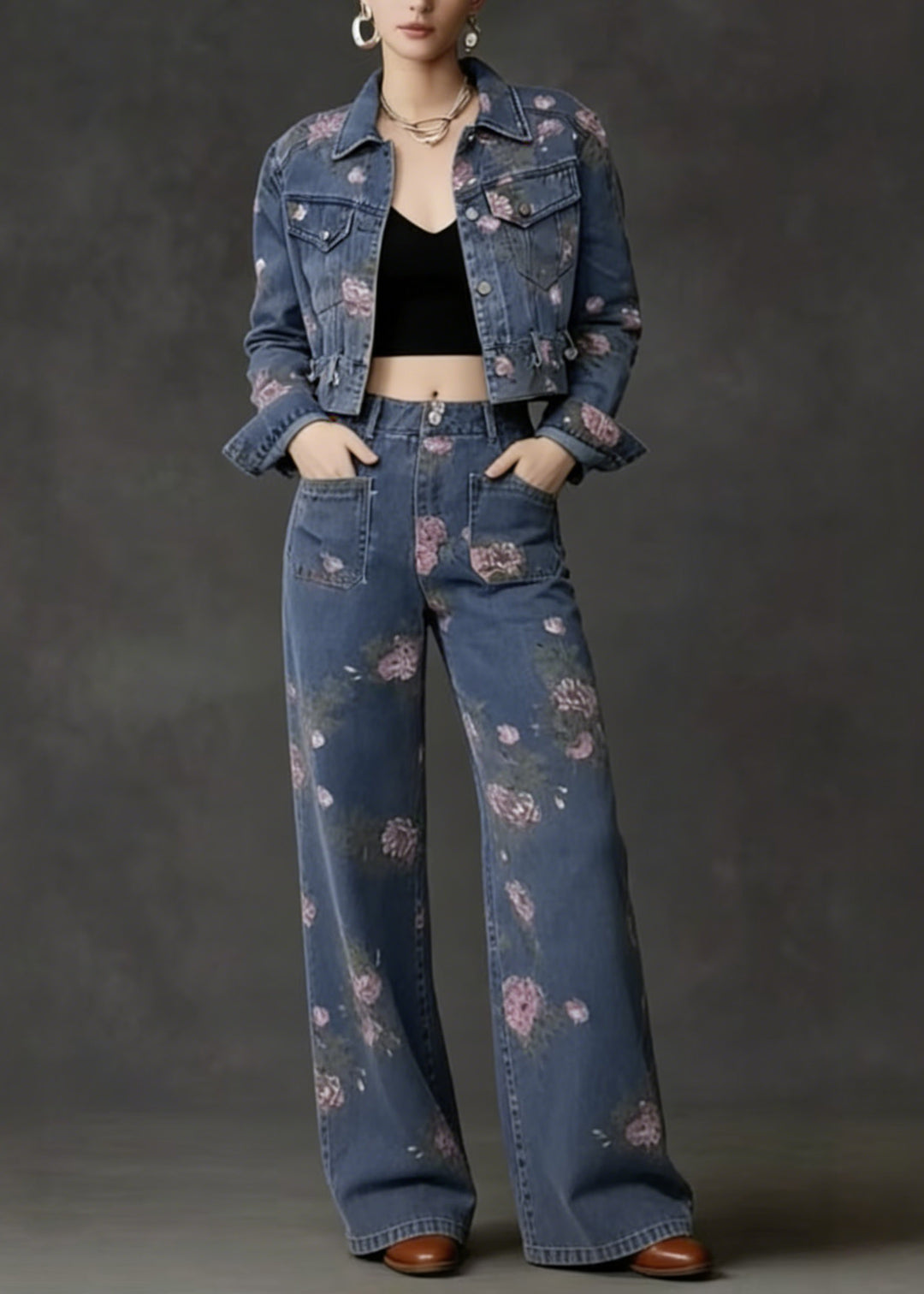 French Peter Pan Collar Print Pockets Denim Two Piece Suit Set Spring