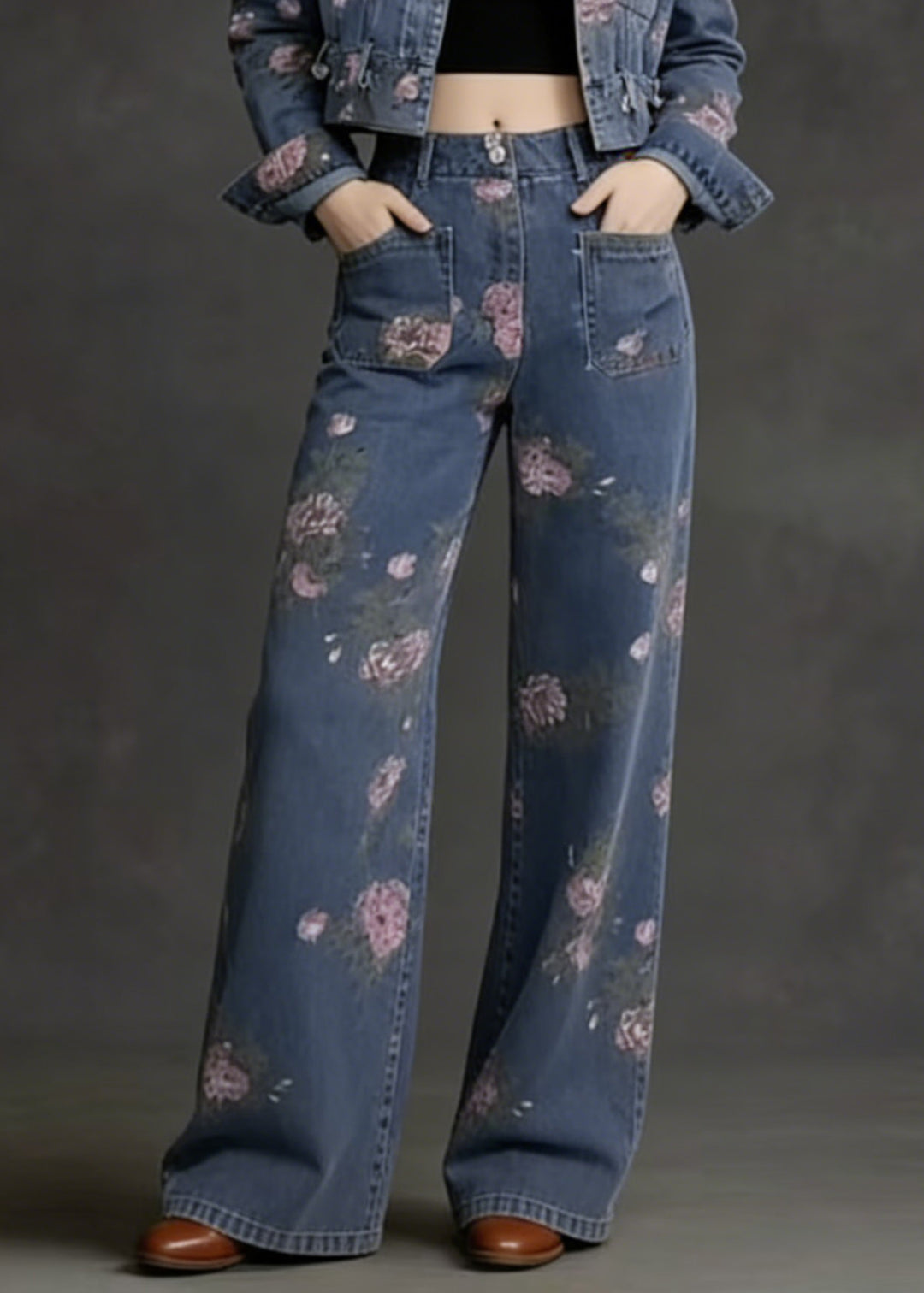 French Peter Pan Collar Print Pockets Denim Two Piece Suit Set Spring