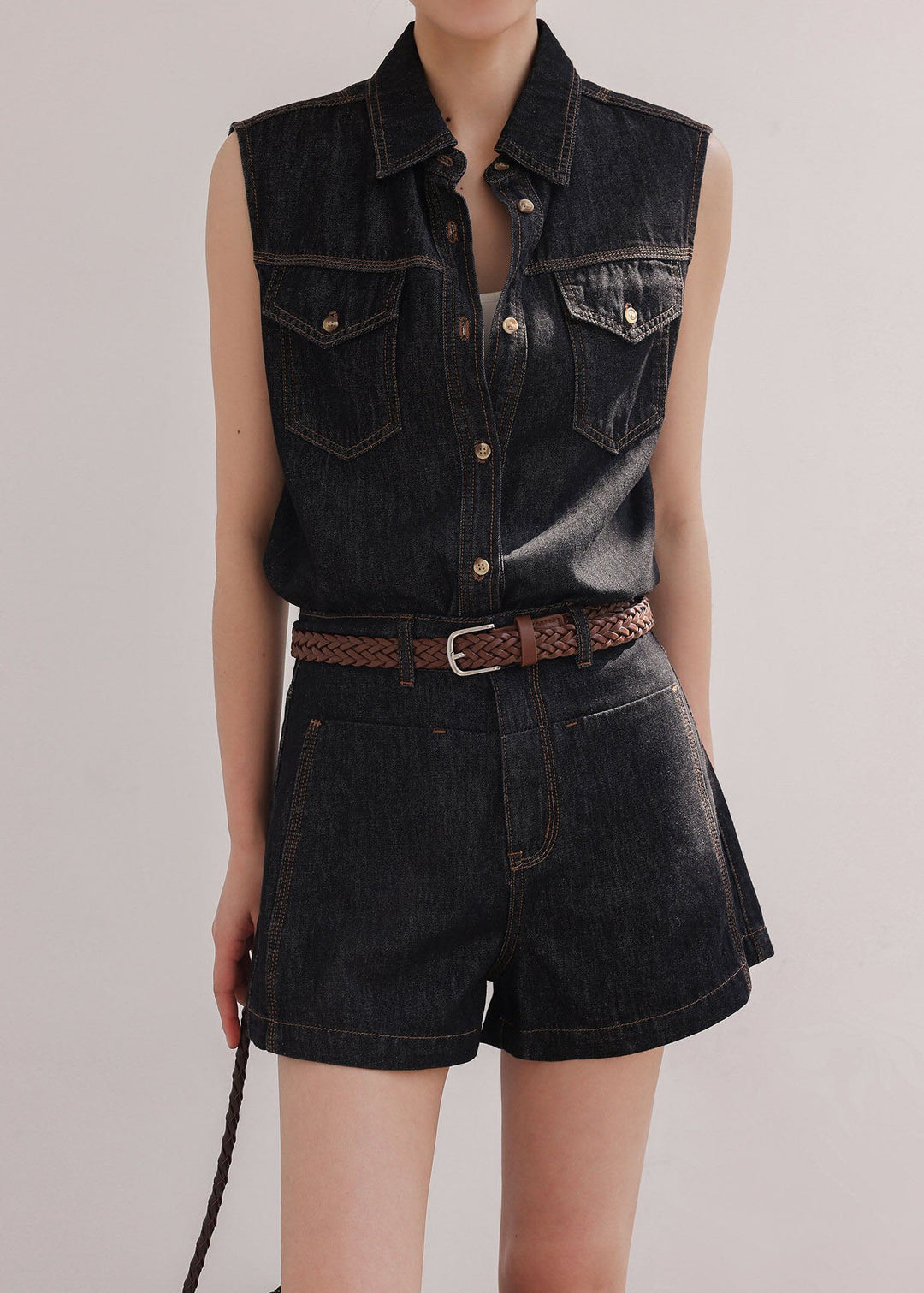 French Peter Pan Collar Vest Top And Shorts Denim Two Pieces Set Sleeveless