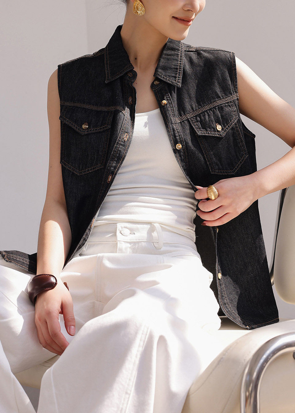 French Peter Pan Collar Vest Top And Shorts Denim Two Pieces Set Sleeveless