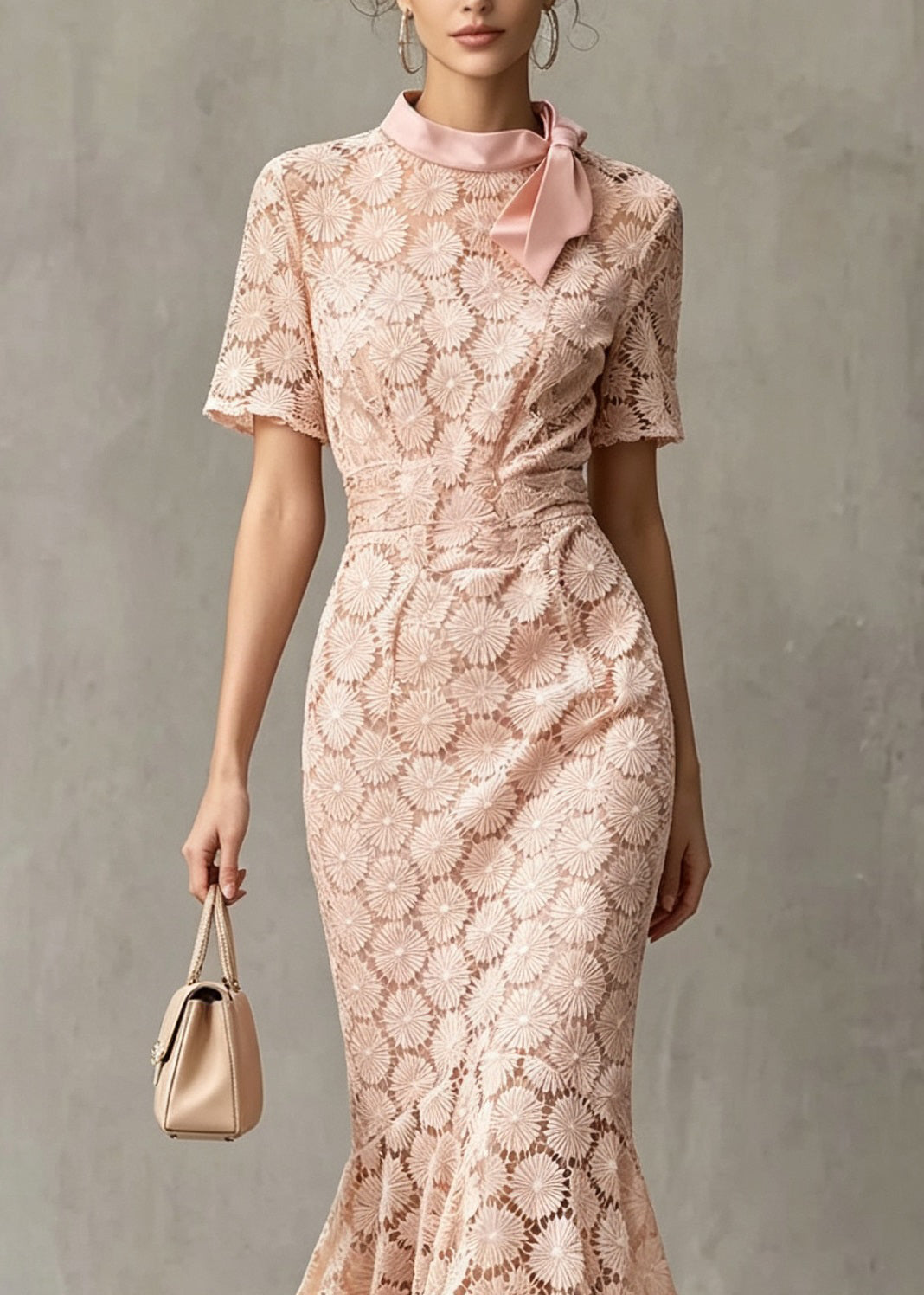 French Pink Bow Asymmetrical Design Patchwork Lace Dresses Summer