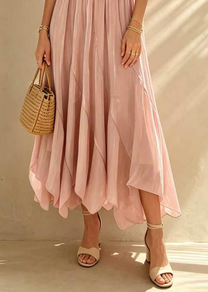 French Pink Elastic Waist Tulle Maxi Skirts Summer