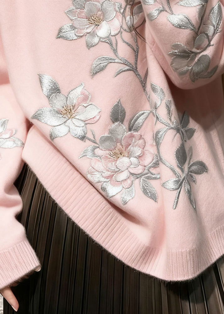 French Pink Embroidered Floral Knit Cozy Sweaters Winter
