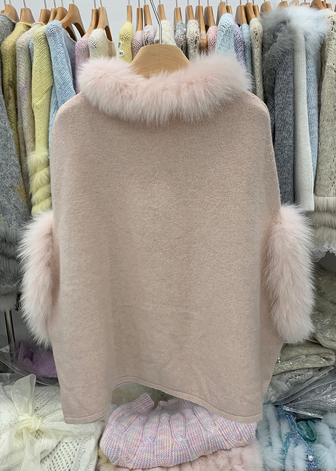 French Pink Fox Collar Removable Thick Cotton Knit Sweater Winter