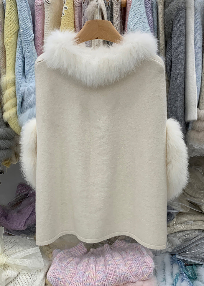 French Pink Fox Collar Removable Thick Cotton Knit Sweater Winter